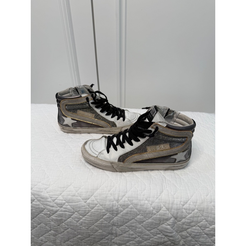 Golden Goose Slide Sneakers Women 37 Silver Metallic Glitter High Top Very Good